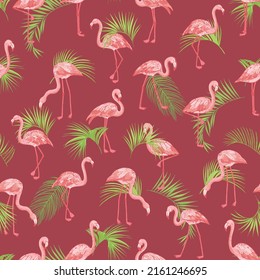Flamingo con hojas de palma patrón vectorial sin fisuras