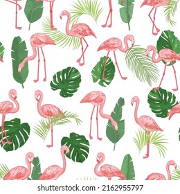 Flamingo with palm leaves seamless vector pattern