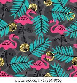 Flamingo and Palm Leaves Vector Seamless Pattern
