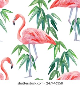 flamingo and palm leaves watercolor seamless background