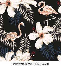 Flamingo, palm leaves, white hibiscus flowers, black background. Vector floral seamless pattern. Tropical illustration. Exotic plants and birds. Summer beach design. Paradise nature
