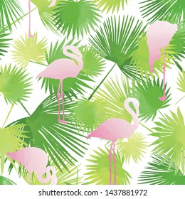 Flamingo and palm seamless background, drawn backdrop, green grass exotic texture