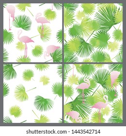 Flamingo and palm seamless backgrounds kit, drawn backdrops set, green grass exotic textures