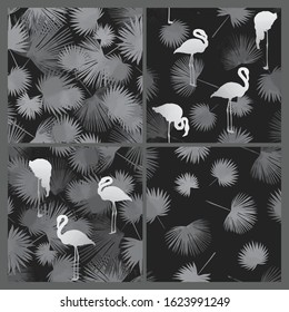 Flamingo and palm seamless backgrounds kit, drawn backdrops set, grass exotic textures gray scale
