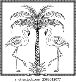 Flamingo and palm tree illustration. Elegant, tropical, and line art design for classic projects