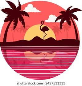 flamingo and palm tree at the sunset beach