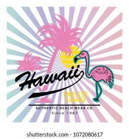 Flamingo and palm trees drawing with Hawaii text / Vector illustration design for fashion graphics, slogan tees, t shirts, stickers, prints, posters and other uses.