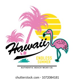 Flamingo and palm trees drawing with Hawaii text / Vector illustration design for fashion graphics, slogan tees, t shirts, prints, posters, stickers and other uses.