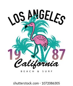 Flamingo and palm trees drawing with text / Vector illustration design for fashion graphics, slogan tees, t shirts, prints, posters, stickers and other uses.