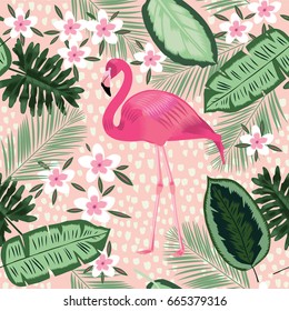 Flamingo and palm trees seamless pattern. illustration for design kitchen menu, textiles and market.