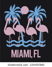 Flamingo and palm trees. Vector illustration design for fashion graphics, slogan tees, t shirts, prints, posters, stickers and other uses. - Vetorial