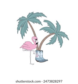 Flamingo Palms in cowboy boots vector illustration. Coastal pre-made card 