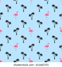 Flamingo and Palms pattern. Seamless design, blue background. vector editable file