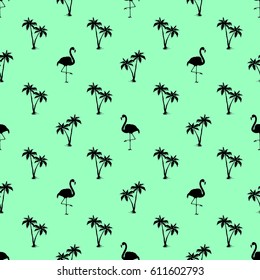 Flamingo and Palms pattern. Seamless design, green background. vector editable file