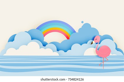 Flamingo in paper art style with sea and sky background pastel color scheme vector illustration