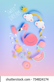 Flamingo en estilo de arte de papel con varios adorables iconos y conjunto de ilustraciones vectoriales de esquema pastel