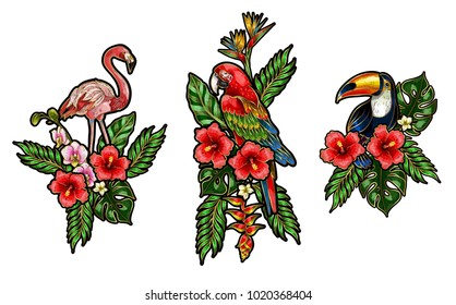 Flamingo, parrot, toucan embroidery patches with bouquet of tropical flowers