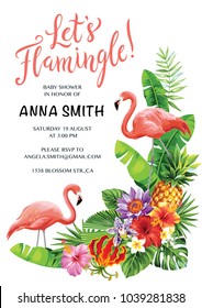 Flamingo party invitation. Tropical Hawaiian poster. Template design. Vector illustration.