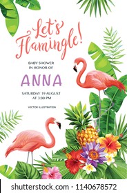 Flamingo Party Invitation. Tropical Hawaiian Poster. Template Design. Vector Illustration.