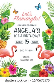 Flamingo party invitation. Tropical Hawaiian poster. Template design. Vector illustration.