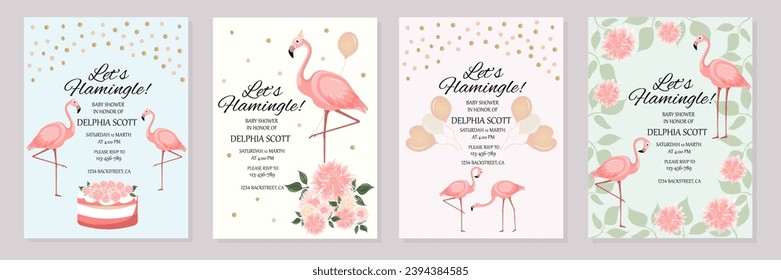 Flamingo party invitation.Baby shower invitations with flamingo cartoon character set.Birthday cards with cute animals.Wedding,Valentine's Day, baby shower,save the date,birthday.Vector illustration.