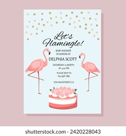 Flamingo party invitation.Baby shower invitations with flamingo cartoon character set.Birthday cards with cute animals.Wedding,Valentine's Day, baby shower,save the date,birthday.Vector illustration.