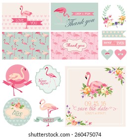 Flamingo Party Set. For Wedding, Bridal Shower, Decoration In Vector