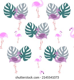 Flamingo patern with tropical leaves on white background