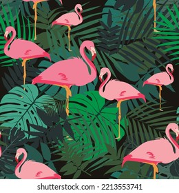 FLAMINGO PATTER  BACKGROUND DESIGN Beautiful seamless vector tropical pattern with pink 
flamingo and palm leaves on dark background. Abstract summer texture