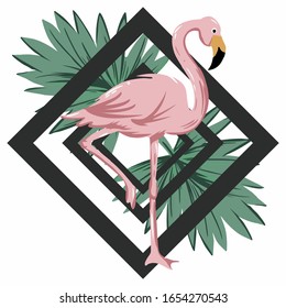 Flamingo pattern with abstract line and tropical leaves.