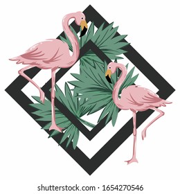 Flamingo pattern with abstract line and tropical leaves.