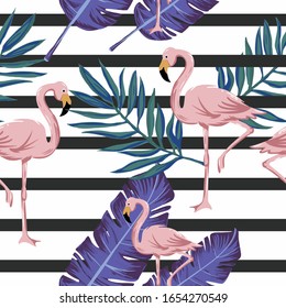 Flamingo pattern with abstract line and tropical leaves.