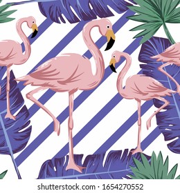 Flamingo pattern with abstract line and tropical leaves.