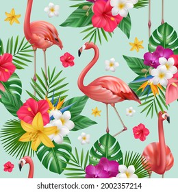 Patrón de flamenco. Ilustración de aves exóticas y plantas para proyectos de diseño textil vida tropical fauna silvestre vectores decentes fondo transparente