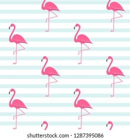 flamingo pattern, exotic tropical Pink birds vector decoration on stripes, summer beautiful fashion water color lines seamless background on white