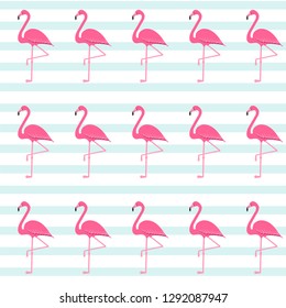 flamingo pattern, exotic tropical Pink birds vector decoration on stripes, summer beautiful fashion water color lines seamless background on white