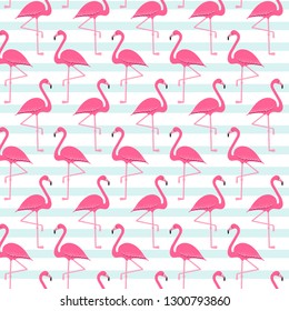 flamingo pattern, exotic tropical Pink birds vector decoration on stripes, summer beautiful fashion water color lines seamless background on white