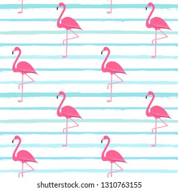 flamingo pattern, exotic tropical Pink birds vector decoration on stripes, summer beautiful fashion water color lines seamless background on white