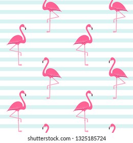 flamingo pattern, exotic tropical Pink birds vector decoration on stripes, summer beautiful fashion water color lines seamless background on white