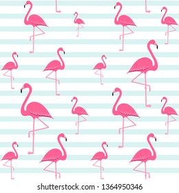 flamingo pattern, exotic tropical Pink birds vector decoration on stripes, summer beautiful fashion water color lines seamless background on white