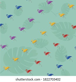 Flamingo pattern with fern leaves in green background