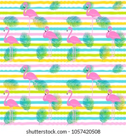flamingo pattern on stripes with palm tropical leaves, exotic tropical Pink birds vector decoration, summer beautiful fashion on water color lines seamless background on white