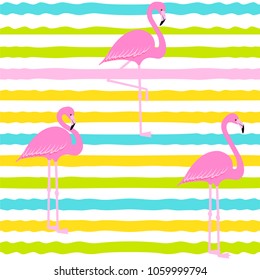 flamingo pattern on stripes with palm tropical leaves, exotic tropical Pink birds vector decoration, summer beautiful fashion on water color lines seamless background on white