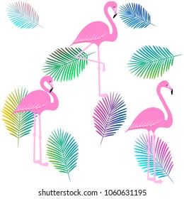 flamingo pattern with palm tropical leaves, exotic tropical Pink birds vector decoration, summer beautiful fashion on water color lines seamless background on white