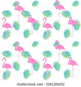 flamingo pattern with palm tropical leaves, exotic tropical Pink birds vector decoration, summer beautiful fashion on water color lines seamless background on white