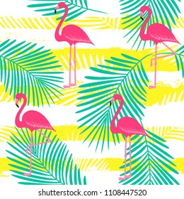 flamingo pattern with palm tropical leaves, exotic tropical Pink birds vector decoration on stripes, summer beautiful fashion water color lines seamless background on white