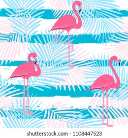 flamingo pattern with palm tropical leaves, exotic tropical Pink birds vector decoration on stripes, summer beautiful fashion water color lines seamless background on white