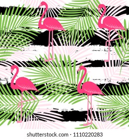 flamingo pattern with palm tropical leaves, exotic tropical Pink birds vector decoration on stripes, summer beautiful fashion water color lines seamless background on white