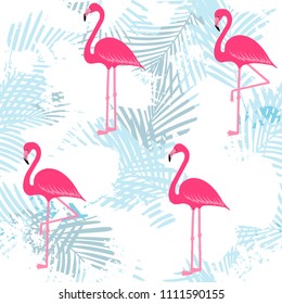 flamingo pattern with palm tropical leaves, exotic tropical Pink birds vector decoration on stripes, summer beautiful fashion water color lines seamless background on white