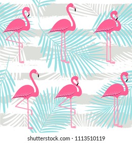 flamingo pattern with palm tropical leaves, exotic tropical Pink birds vector decoration on stripes, summer beautiful fashion water color lines seamless background on white